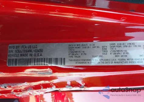 2022 Jeep Gladiator Mojave 4X4 from USA, damaged, VIN 1C6JJTEG4NL103430